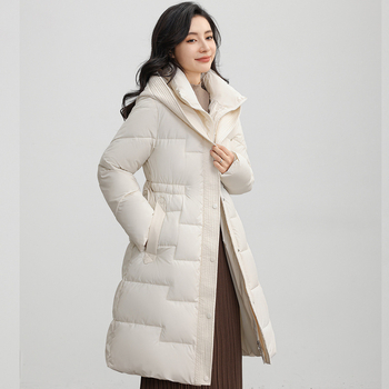 Γυναικείο παλτό από βαμβάκι European Station με μακριά μανίκια και στάμπα, μακριά πάνω από το γόνατο, χειμερινό, μεσαίου μήκους, από χοντρό βαμβάκι.