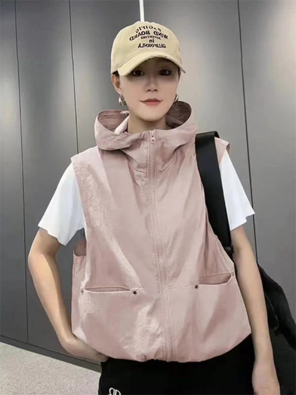 Vabaaja õhuke vest kevad- ja suvemantel naistele 2024. aasta uus Korea stiilis kapuutsiga salendav vest, universaalne vest naistele.