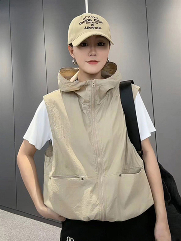 Vabaaja õhuke vest kevad- ja suvemantel naistele 2024. aasta uus Korea stiilis kapuutsiga salendav vest, universaalne vest naistele.