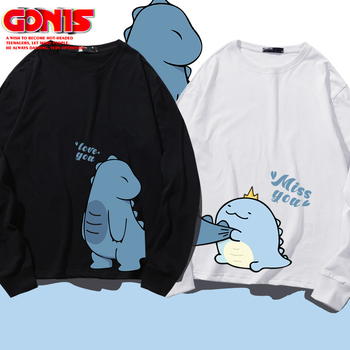 Hippo dinozaura garpiedurkņu T-krekls pavasara un rudens kokvilnas brīvs plāns pamatkrekls multfilmu Honkongas stila pāru tops