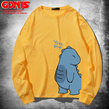 Hippo dinozaura garpiedurkņu T-krekls pavasara un rudens kokvilnas brīvs plāns pamatkrekls multfilmu Honkongas stila pāru tops