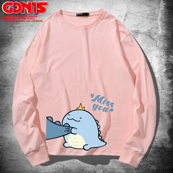 Hippo dinozaura garpiedurkņu T-krekls pavasara un rudens kokvilnas brīvs plāns pamatkrekls multfilmu Honkongas stila pāru tops