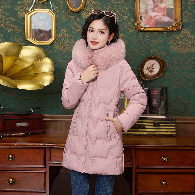 Moodne talvine puuvillase polstriga riided naiste fliisvoodriga polsterdatud puuvillase polstriga jope 2024 uus talvine kitsas karusnahast kraega puuvillase polstriga jope keskmise pikkusega mantel
