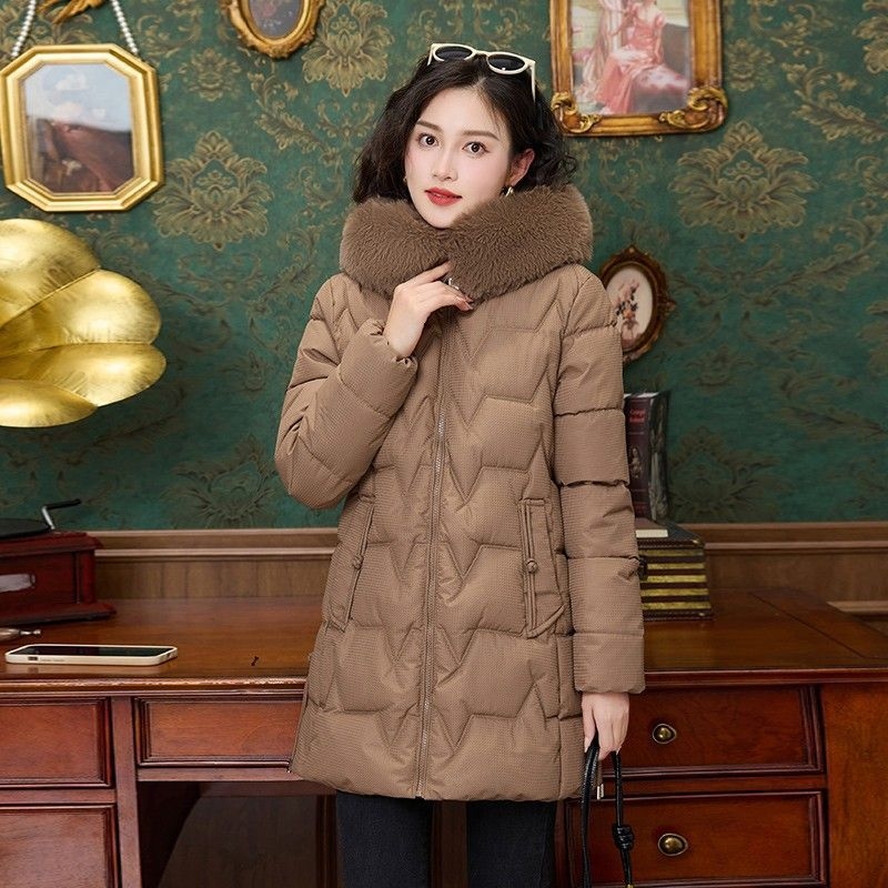 Moodne talvine puuvillase polstriga riided naiste fliisvoodriga polsterdatud puuvillase polstriga jope 2024 uus talvine kitsas karusnahast kraega puuvillase polstriga jope keskmise pikkusega mantel