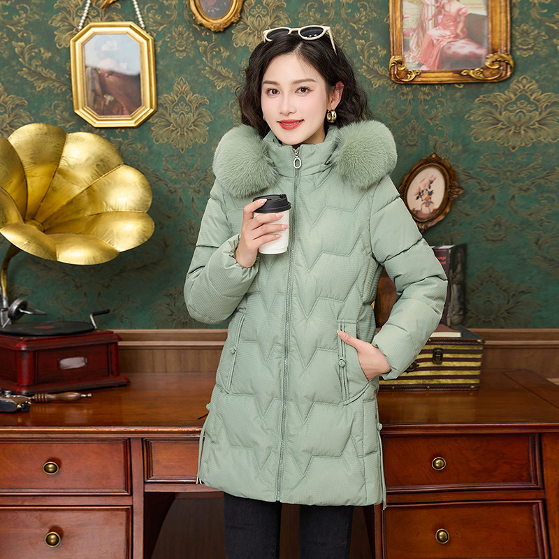 Moodne talvine puuvillase polstriga riided naiste fliisvoodriga polsterdatud puuvillase polstriga jope 2024 uus talvine kitsas karusnahast kraega puuvillase polstriga jope keskmise pikkusega mantel