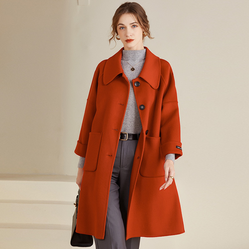 Palton de lână cu două fețe, iarna, nou, cu un singur nasture, cu mânecă lungă, cu guler de păpușă, casual, elegant, simplu