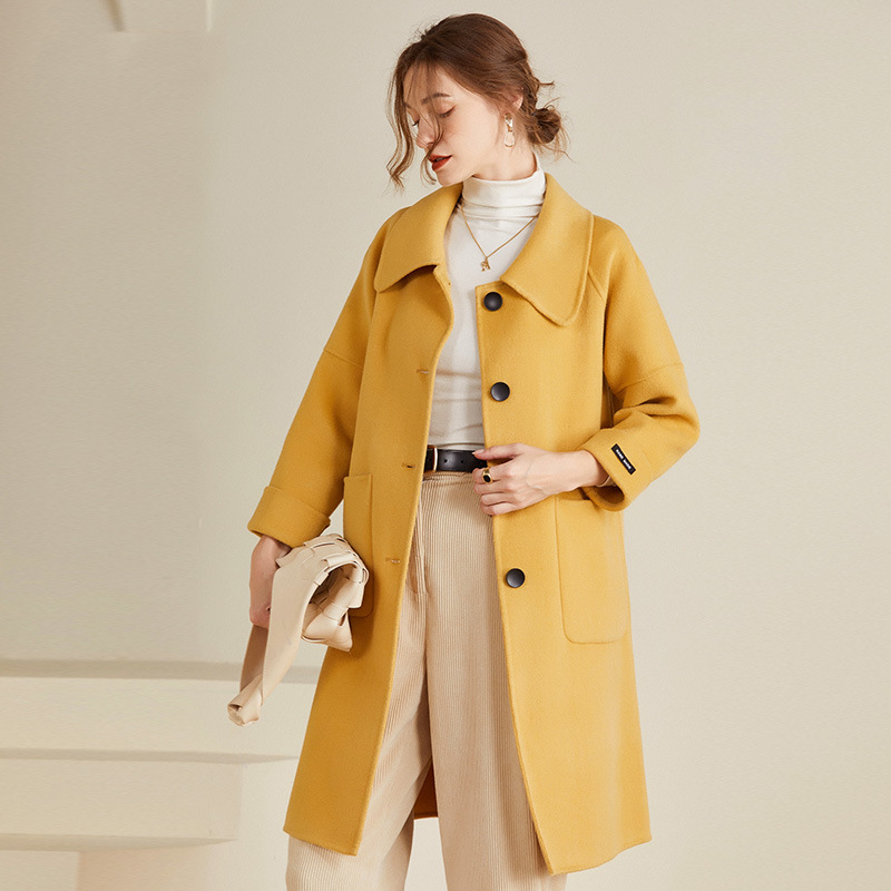 Palton de lână cu două fețe, iarna, nou, cu un singur nasture, cu mânecă lungă, cu guler de păpușă, casual, elegant, simplu