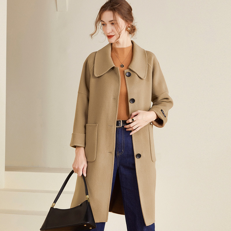 Palton de lână cu două fețe, iarna, nou, cu un singur nasture, cu mânecă lungă, cu guler de păpușă, casual, elegant, simplu