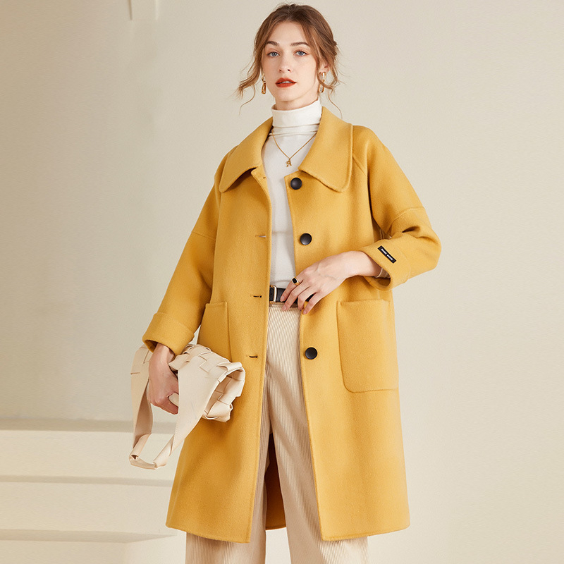 Palton de lână cu două fețe, iarna, nou, cu un singur nasture, cu mânecă lungă, cu guler de păpușă, casual, elegant, simplu