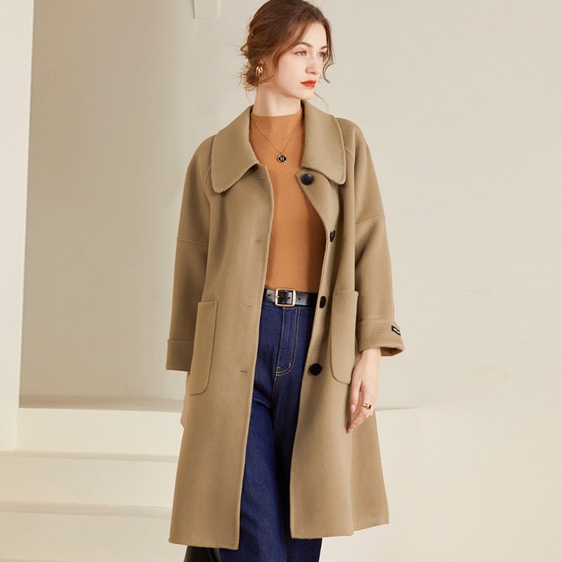 Palton de lână cu două fețe, iarna, nou, cu un singur nasture, cu mânecă lungă, cu guler de păpușă, casual, elegant, simplu