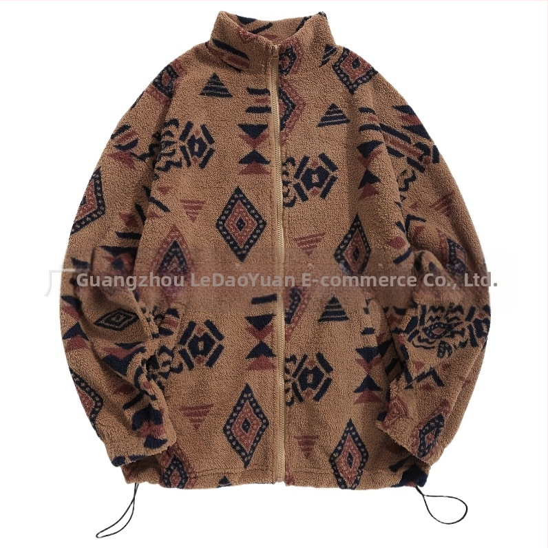 Cezhraničné európske a americké oblečenie, aztécka etnická potlač, ultrajemná rakúska zamatová plyšová bunda bez kapucne so zipsom, dámska elegantná
