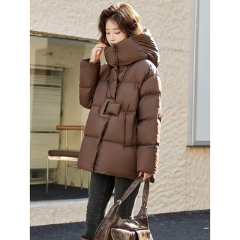 Väliskaubanduse keskmise pikkusega sulejope puuvillase polstriga naistele, talvine, uute Euroopa kaupade disainiga, pruun, lahtine vabaajajope