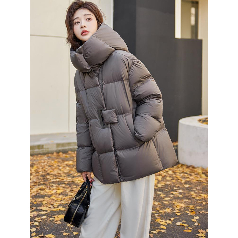 Väliskaubanduse keskmise pikkusega sulejope puuvillase polstriga naistele, talvine, uute Euroopa kaupade disainiga, pruun, lahtine vabaajajope