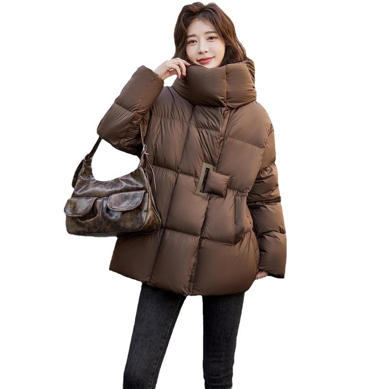 Väliskaubanduse keskmise pikkusega sulejope puuvillase polstriga naistele, talvine, uute Euroopa kaupade disainiga, pruun, lahtine vabaajajope