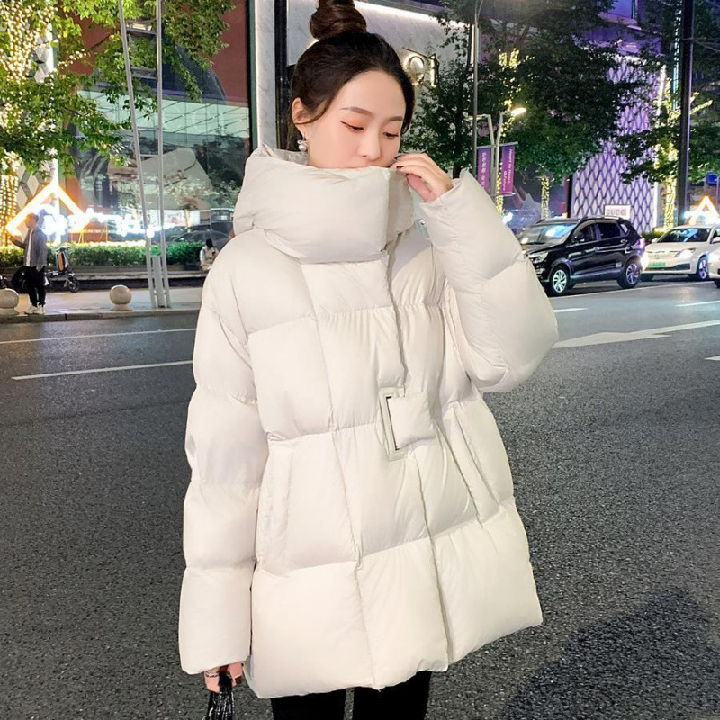 Väliskaubanduse keskmise pikkusega sulejope puuvillase polstriga naistele, talvine, uute Euroopa kaupade disainiga, pruun, lahtine vabaajajope