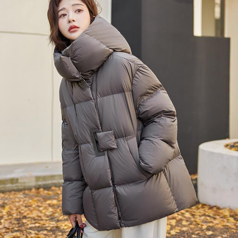 Väliskaubanduse keskmise pikkusega sulejope puuvillase polstriga naistele, talvine, uute Euroopa kaupade disainiga, pruun, lahtine vabaajajope