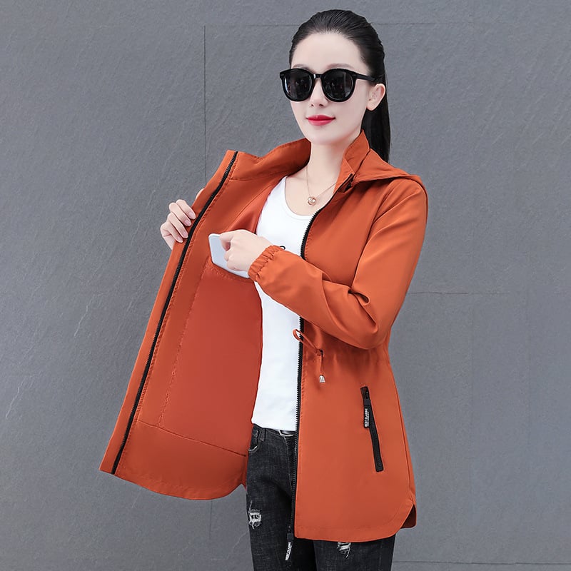 Jachetă de vânt de lungime medie pentru femei, cu glugă, haine en-gros de pe Amazon și Aliexpress, vânzare transfrontalieră, vânzare cu ridicata