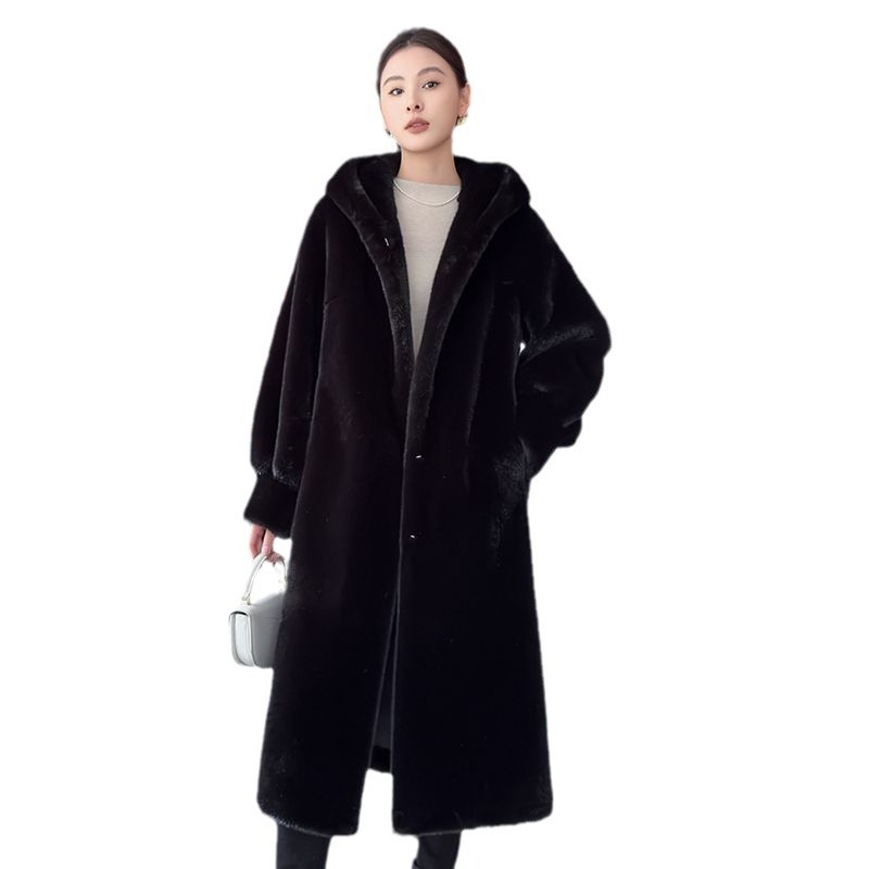 „Cross-Border 2025“ žieminis naujas aksominis audinės kailis moterims, ekologiškas ilgas audinės kailio paltas