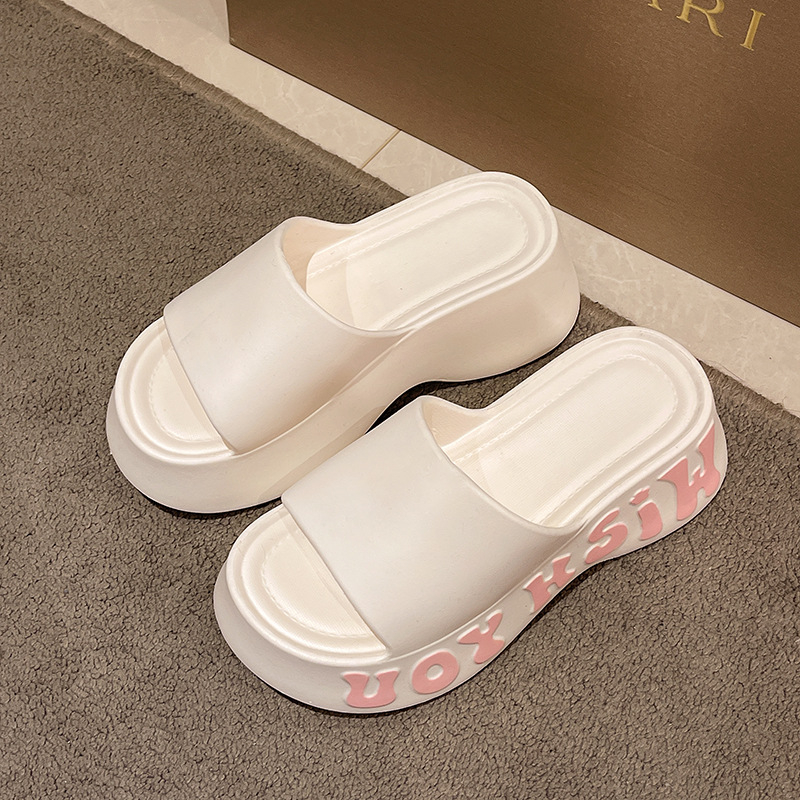 2025 Papuci cu talpă groasă pentru femei, pentru exterior, înălțime crescută, sandale de plajă antiderapante cu litere, la modă și cu talpă înaltă, pentru acasă