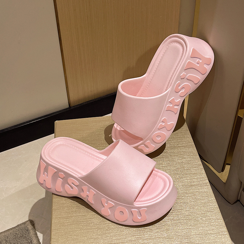 2025 Papuci cu talpă groasă pentru femei, pentru exterior, înălțime crescută, sandale de plajă antiderapante cu litere, la modă și cu talpă înaltă, pentru acasă