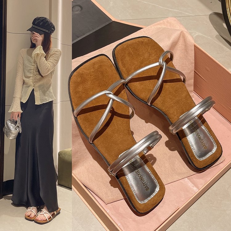 Sandale de damă cu toc gros și subțire, cu cruce, vară exterioară 2025, sandale elegante și frumoase, cu două uzuri, franțuzești, negre