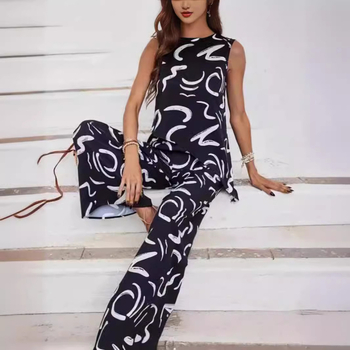 Ευρωπαϊκό και αμερικανικό νέο στυλ απλό και μοντέρνο τυπωμένο αμάνικο γιλέκο ακανόνιστου τύπου και ελαστικό παντελόνι με τσέπη στη μέση