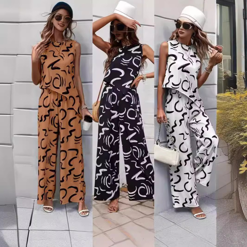 Европейски и американски нов стил, прост и модерен принтиран без ръкави, неправилен жилетка и еластичен панталон с джоб и еластична талия