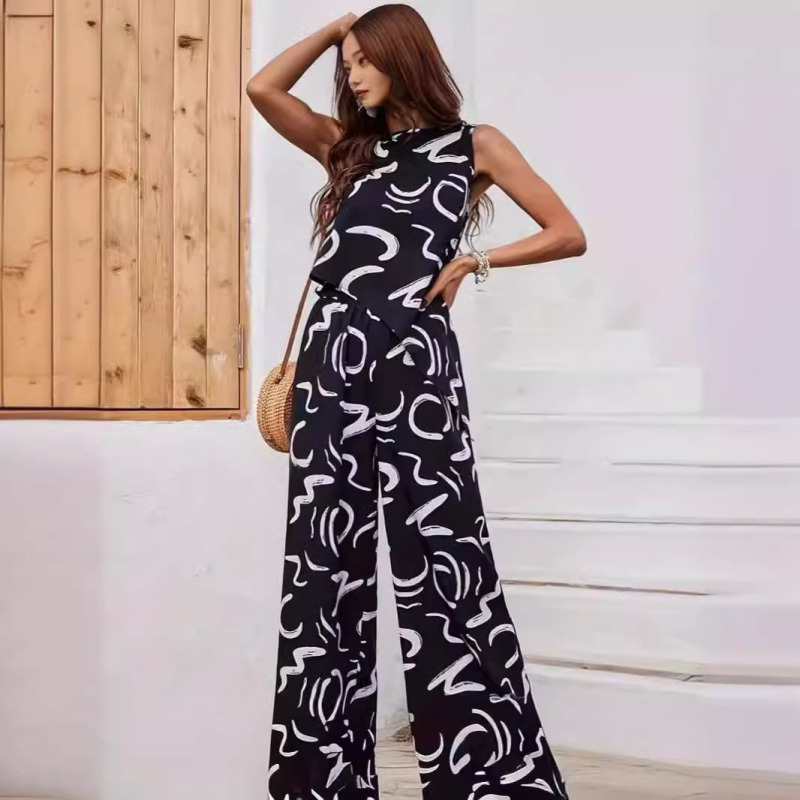 Европейски и американски нов стил, прост и модерен принтиран без ръкави, неправилен жилетка и еластичен панталон с джоб и еластична талия