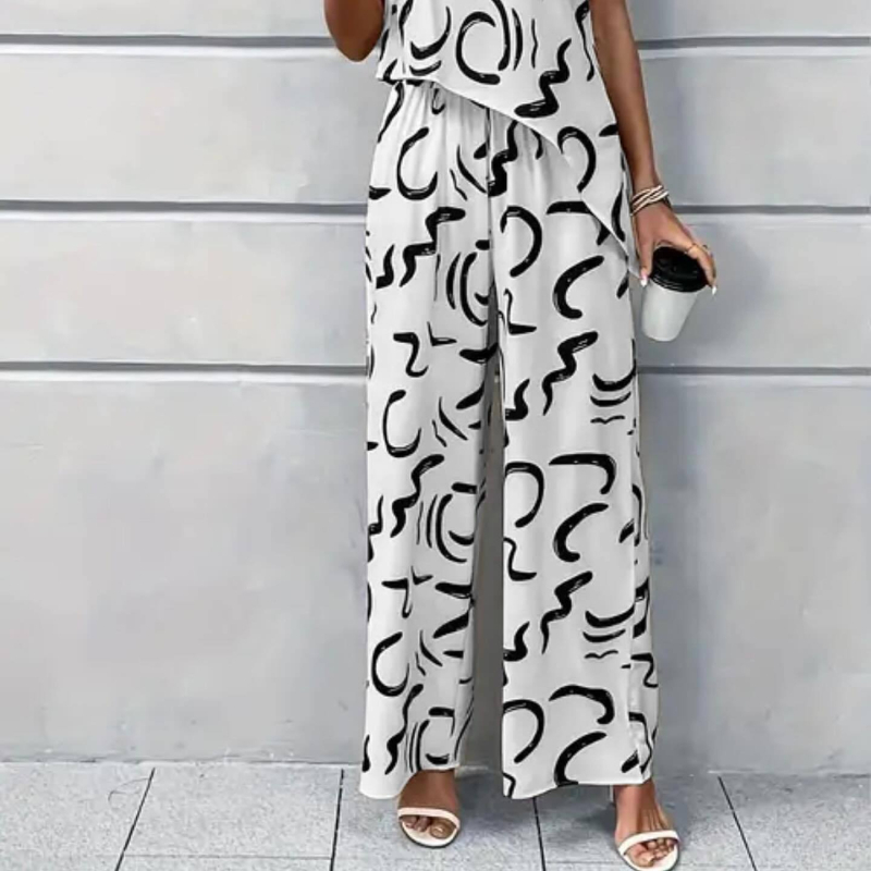 Европейски и американски нов стил, прост и модерен принтиран без ръкави, неправилен жилетка и еластичен панталон с джоб и еластична талия