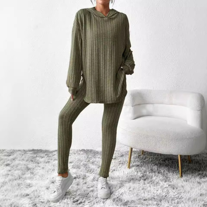 Jesenné a zimné európske a americké dámske oblečenie Amazon Cross-Border s dlhým rukávom a voľnou kapucňou, ležérne nohavice s niťou