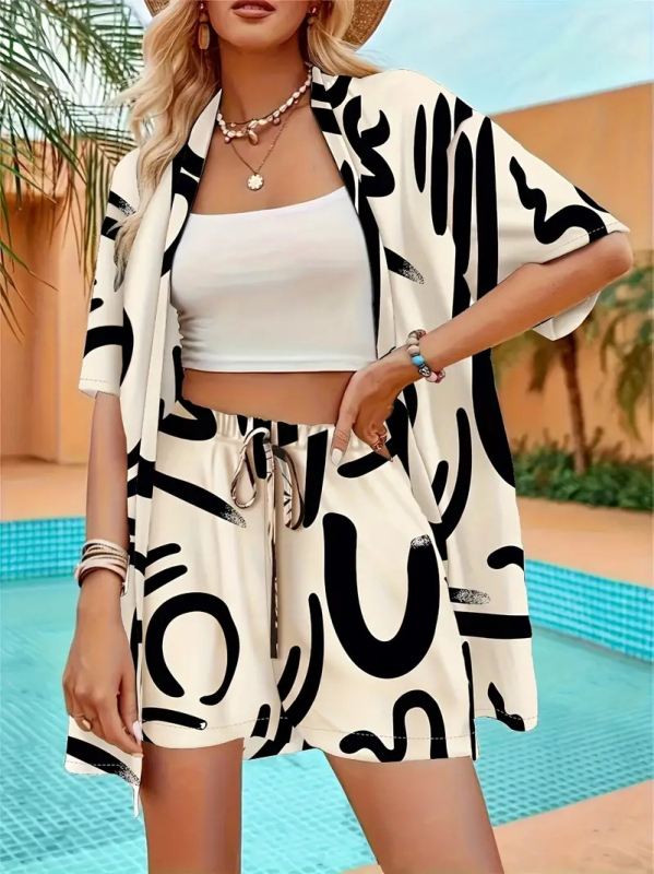 Elegantné dvojdielne tričko s krátkym rukávom a šnurovaním, šortky s vysokým pásom a cezhraničnou potlačou z roku 2025 s motívom Explosions