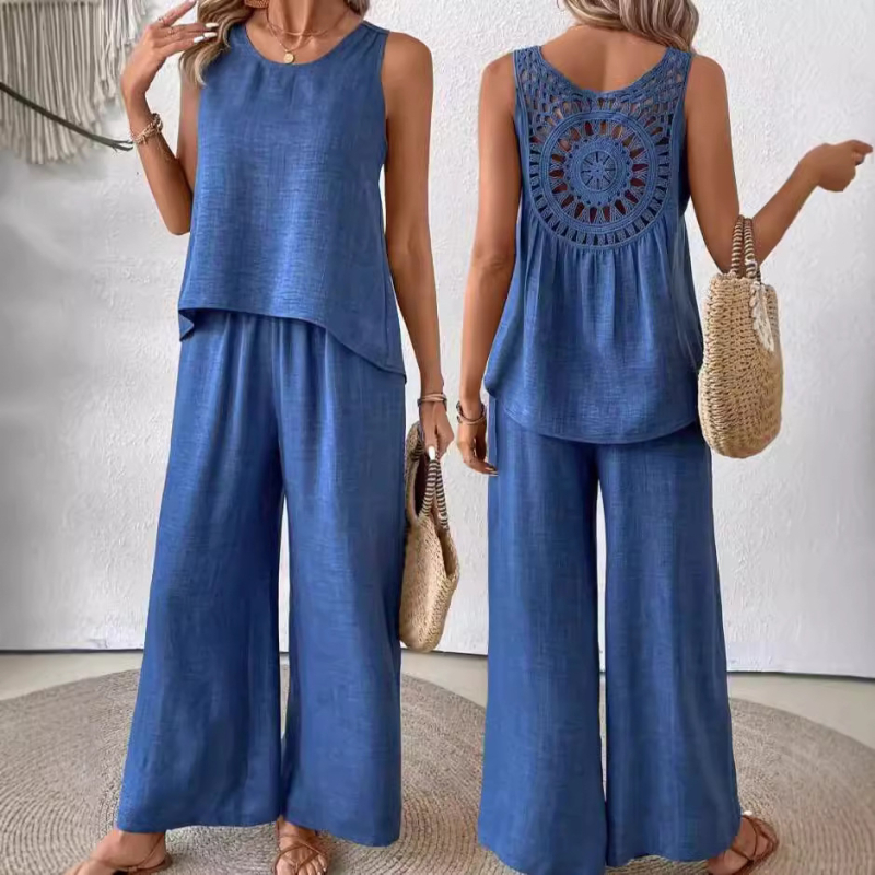 Europsko i američko prekogranično žensko neovisno odijelo, Amazon, novo, jednobojno, s leđima i šupljom čipkom, široke hlače, ležerno modno odijelo