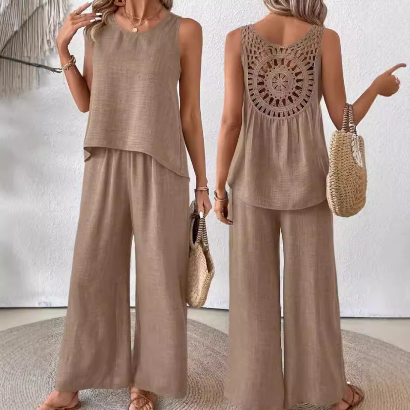 Europsko i američko prekogranično žensko neovisno odijelo, Amazon, novo, jednobojno, s leđima i šupljom čipkom, široke hlače, ležerno modno odijelo