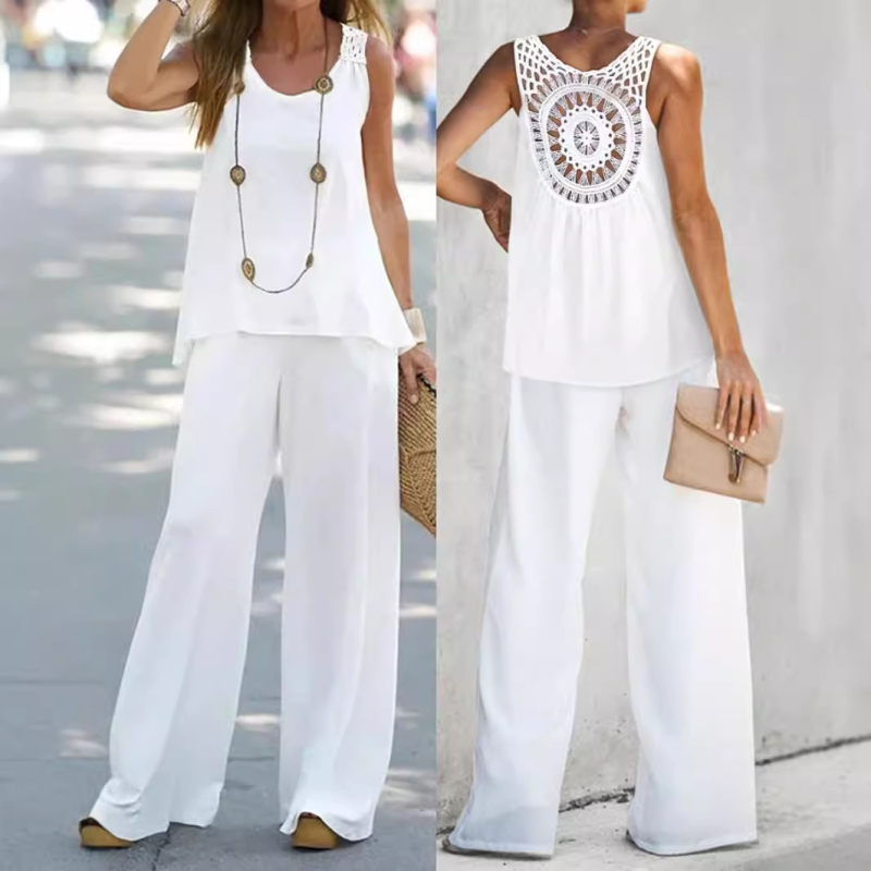 Europsko i američko prekogranično žensko neovisno odijelo, Amazon, novo, jednobojno, s leđima i šupljom čipkom, široke hlače, ležerno modno odijelo