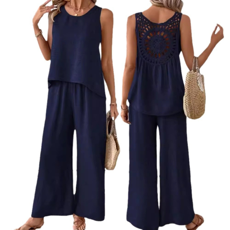 Europsko i američko prekogranično žensko neovisno odijelo, Amazon, novo, jednobojno, s leđima i šupljom čipkom, široke hlače, ležerno modno odijelo