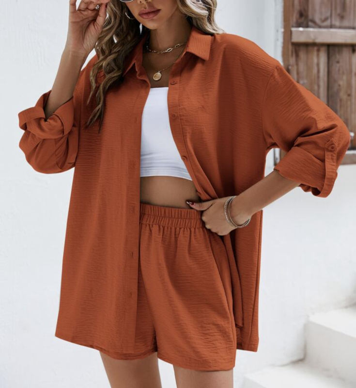 Dámske jarné a európske, jednofarebné, s dlhým rukávom a klopou, elastické, s vysokým pásom, šortky, módny ležérny oblek