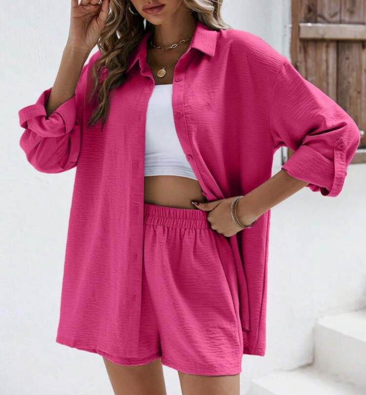 Dámske jarné a európske, jednofarebné, s dlhým rukávom a klopou, elastické, s vysokým pásom, šortky, módny ležérny oblek