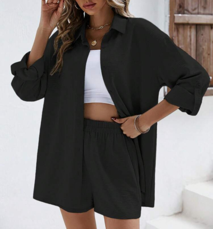 Dámske jarné a európske, jednofarebné, s dlhým rukávom a klopou, elastické, s vysokým pásom, šortky, módny ležérny oblek