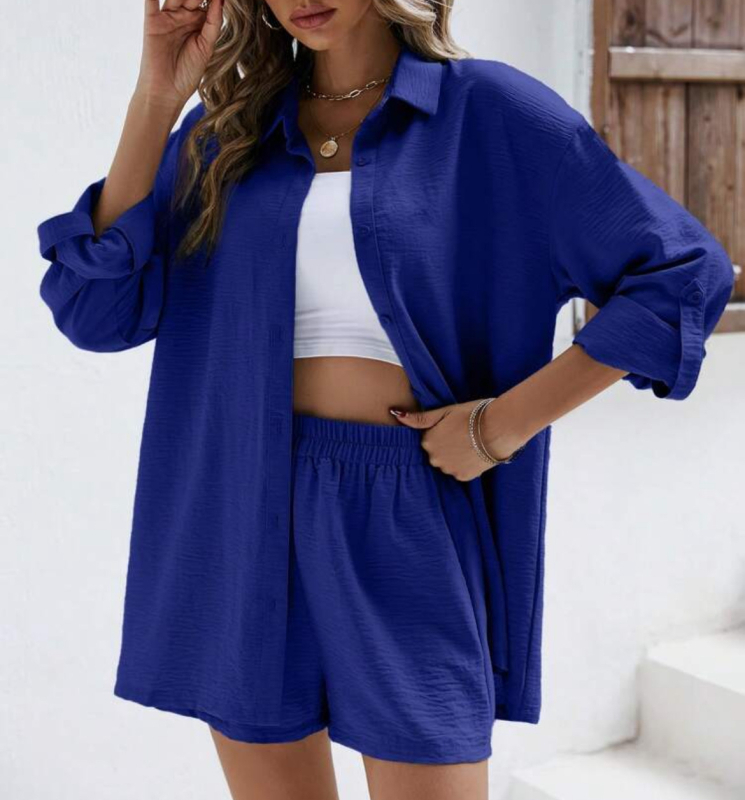 Dámske jarné a európske, jednofarebné, s dlhým rukávom a klopou, elastické, s vysokým pásom, šortky, módny ležérny oblek