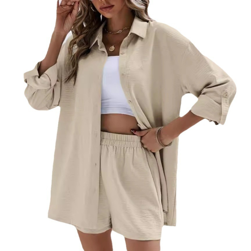 Dámske jarné a európske, jednofarebné, s dlhým rukávom a klopou, elastické, s vysokým pásom, šortky, módny ležérny oblek