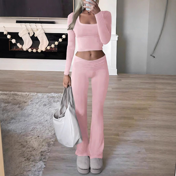 Διασυνοριακό εξωτερικό εμπόριο 2024 φθινόπωρο και χειμώνας Ευρώπη και Ηνωμένες Πολιτείες μονόχρωμο σέξι παντελόνι casual πλεκτό με μακριά μανίκια, δύο παντελόνια