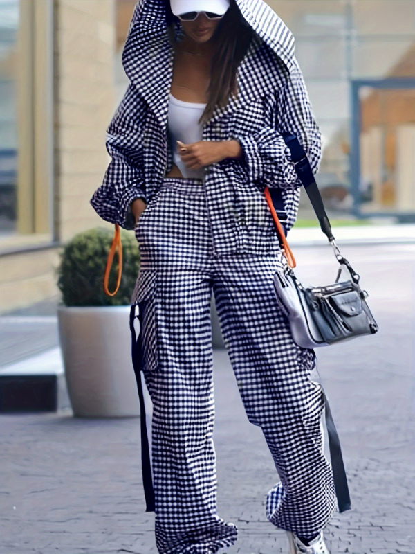 Európsky a americký 2025 cezhraničný Amazon jarná a jesenná móda ležérny kockovaný vreckový kapucňový voľný elegantný dámsky oblek