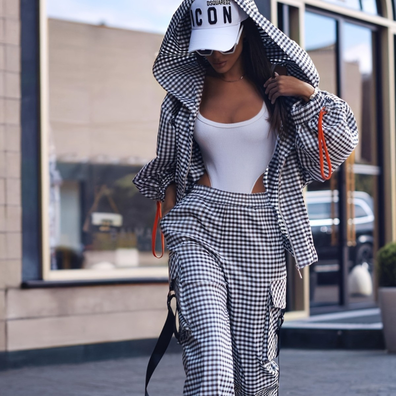 Európsky a americký 2025 cezhraničný Amazon jarná a jesenná móda ležérny kockovaný vreckový kapucňový voľný elegantný dámsky oblek