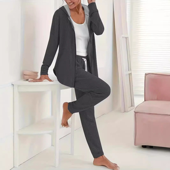 Sügise ja talve uued väliskaubanduse pluss-suuruses naiste ühevärvilised vabaaja kapuutsiga spordirõivad kaheosalised lahtised kodupüksid