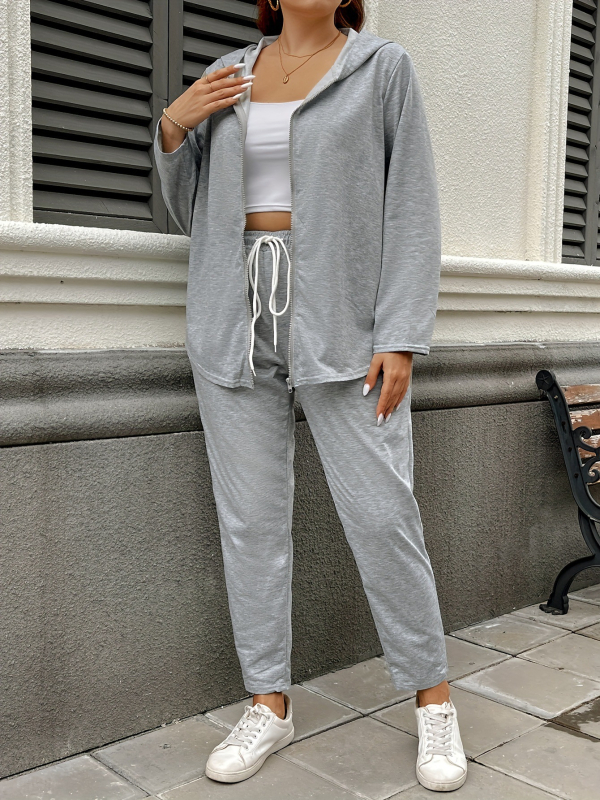 Sügise ja talve uued väliskaubanduse pluss-suuruses naiste ühevärvilised vabaaja kapuutsiga spordirõivad kaheosalised lahtised kodupüksid