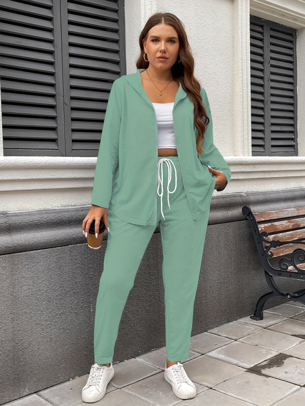 Sügise ja talve uued väliskaubanduse pluss-suuruses naiste ühevärvilised vabaaja kapuutsiga spordirõivad kaheosalised lahtised kodupüksid