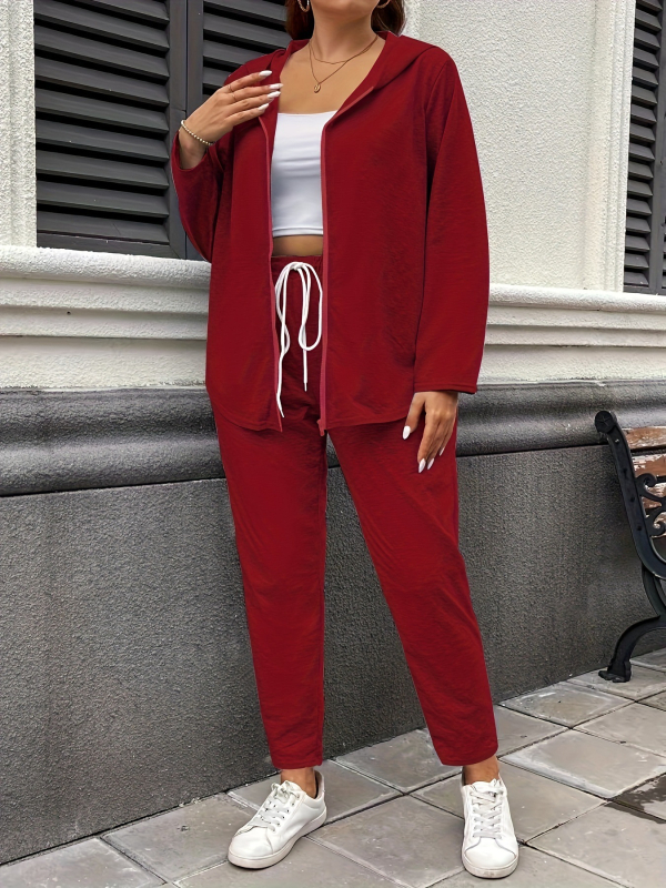 Sügise ja talve uued väliskaubanduse pluss-suuruses naiste ühevärvilised vabaaja kapuutsiga spordirõivad kaheosalised lahtised kodupüksid