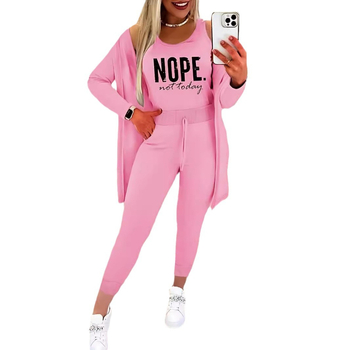 Ευρωπαϊκή και αμερικανική ένδυση 2024 Νέα casual εκτύπωση μοντέρνα και σέξι μακρυμάνικη φανέλα καθαρού χρώματος με ελαστική μέση παντελόνι σετ τριών τεμαχίων