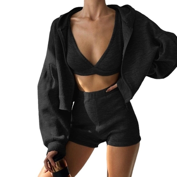 Μονόχρωμο πλεκτό ζακέτα με κουκούλα και φερμουάρ, V ντεκολτέ, τριγωνικό σουτιέν με κουκούλα, ψηλόμεσο, στενό σορτς, casual κοστούμι τριών τεμαχίων