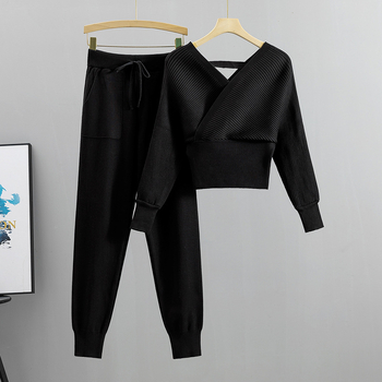 Costum elegant, scurt, sexy, cu decolteu în V, cu umăr gol, pentru femei, primăvară și toamnă 2025, set nou tricotat din două piese